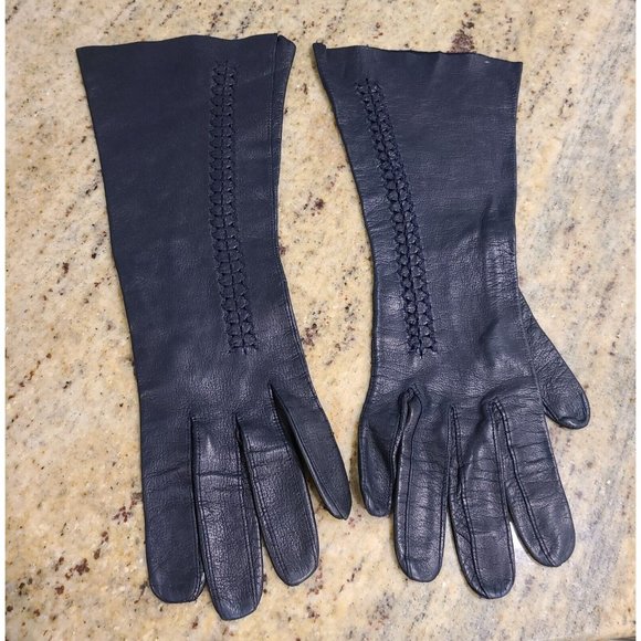 Unbranded Accessories - Vintage Size S/M 6.5 Blue Leather Formal 11.5" Long Gloves Stitching Detail